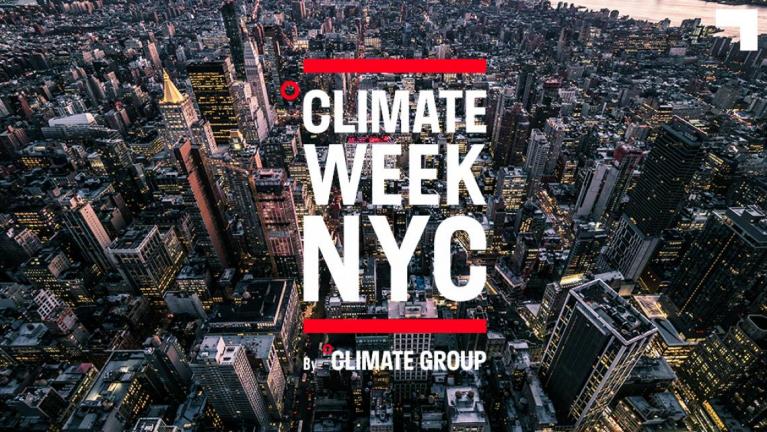 A poster for Climate Week NYC, featuring a photo of New York City.